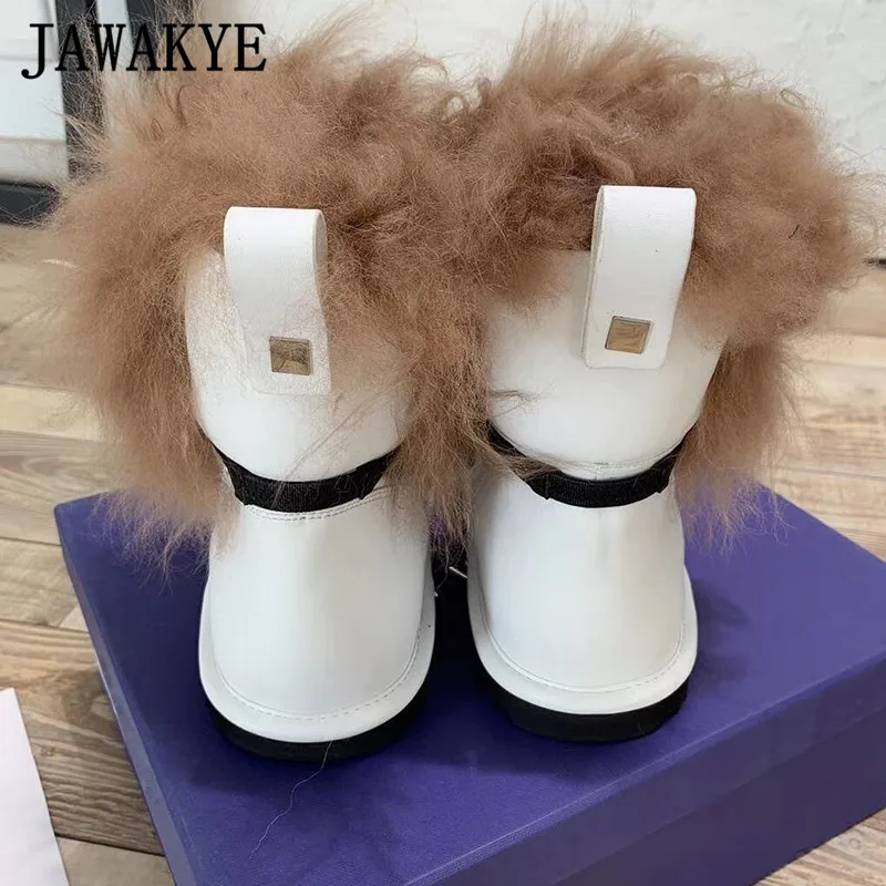 Winter Thick feaher Wool ankle boots Women Warm Flat fur Shoes Woman black white Strap Leather Boots Waterproof Snow Boots