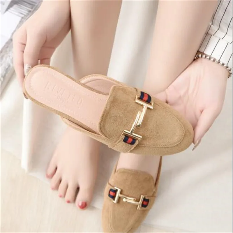 

New Autumn Women's Lazy Toe-covered Slippers Home Flat Flock Sandals Fleeces Flip Flops Outdoor Female Slides Woman Mules Shoes