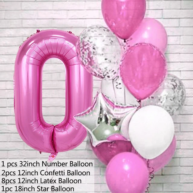 12pcs Pink Number Foil Balloon Birthday Party Decoration Latex Balloons Kids Baby Girl 1 2 3 4 5 6 7 8 9 Years Old 1st Birthday P-balloon number 0