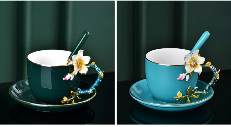 Ван Гог миндальный цветок 3D цвет эмаль работа кофейная чашка ложка для блюдца наборы посуды для напитков кафе керамика латте чайные кружки лоток чайная чашка