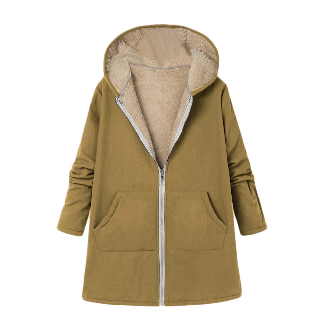 JAYCOSIN ladies large size jacket zipper hooded plus solid long composite plush casual fashion coat warm loose autumn and winter