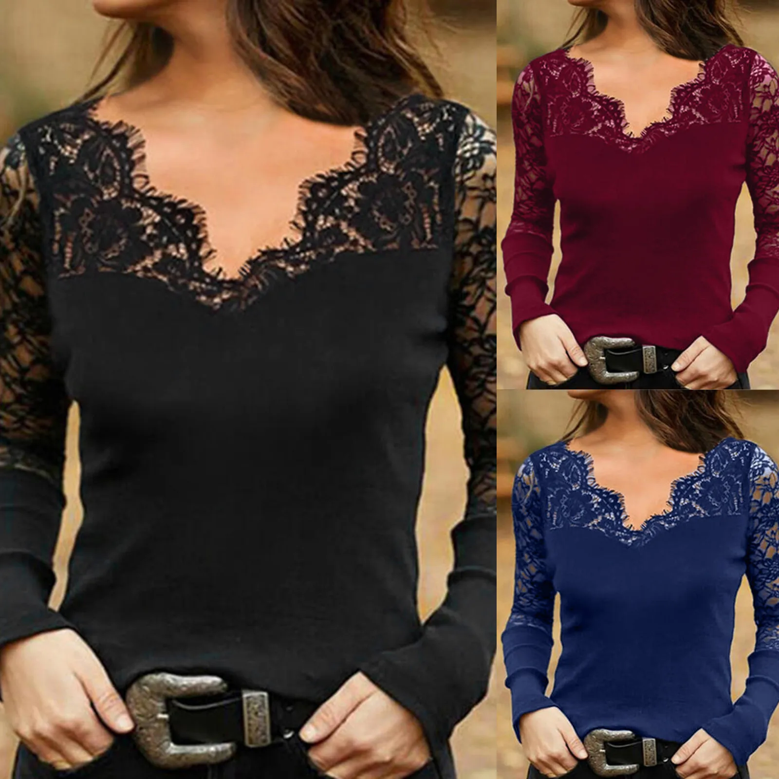 Fashion Sexy Tops Women 2021 Summer  long sleeve Top Commuting Pullover V-neck Lace Bottoming Blouses Shirts 1