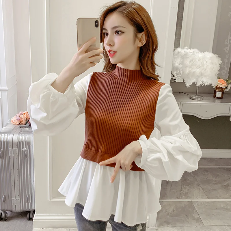 Korean fashion knit stitching false two pieces lantern sleeve shirts kawaii ladies high neck peplum top ruffle blouse