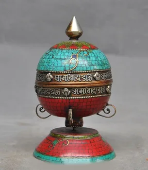 

wedding decoration Old Tibetan Bronze inlay Turquoise Red Coral Pray Tripitaka text Prayer Wheel