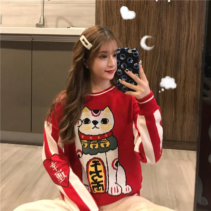 Women's Clothing Cute Kawaii Bf Red Lucky Cat Round Neck Sweater Lady Harajuku Ulzzang Sweaters For Women Thick Knitting Retro | Женская