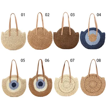 

2020 Summer Round Straw Totes Women Rattan Bag Handmade Woven Beach Shoulder Bag Female Message Handbag Totes Dropship