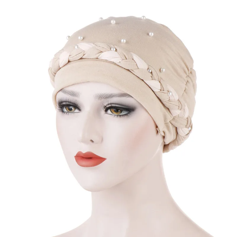 Bandanas Women Bead Braid Cotton Turban Hat Scarf Cancer Chemo Beanies Caps Hijab Headwear Head Wrap Plated Hair Loss Cover