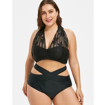 

Bikini 2020 Plus Size Two-piece Sexy Black Lace Swimsuit Vintage Open-Back Female High Waist Swimsuit Biquini Women's Swimwear