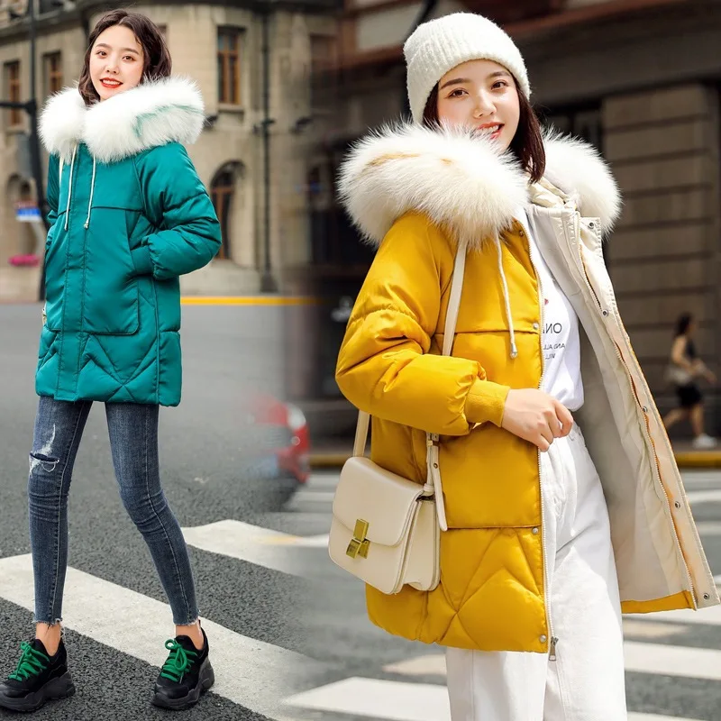 

Cotton Coat Women's Mid-length 2019 New Style Winter Korean-style Loose Thick Large Fur Collar Warm Cotton Coat off Season Coat