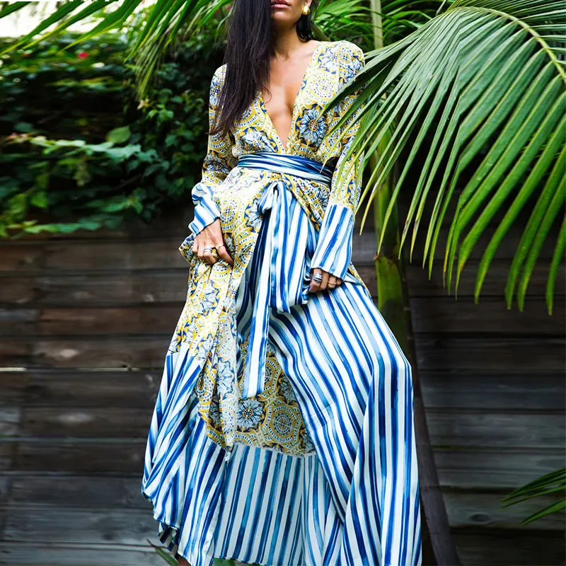 Peachtan Vintage print cover-ups 2020 Bandage swimsuit cover ups Long sleeve dress female Deep v neck beach wear bathing suit Peachtan Vintage print cover-ups 2020 Bandage swimsuit cover ups Long sleeve dress female Deep v neck beach wear bathing suit