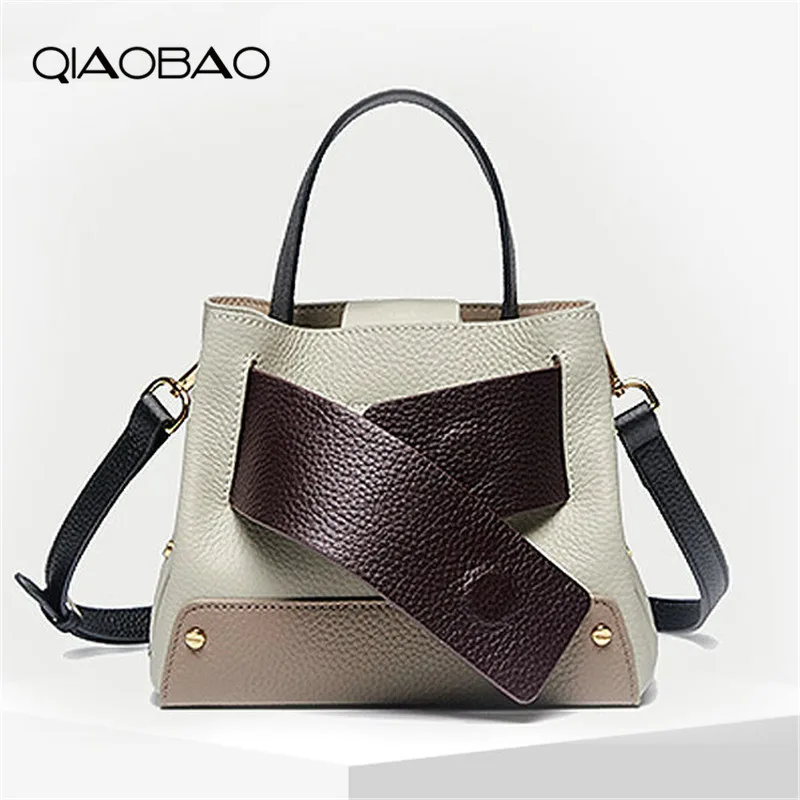 

QIAOBAO Women Handbag Fashion 100% Genuine Leather Women Messenger Bag Genuine Real Cow Leather Handbag Daily Casual Bucket Bag