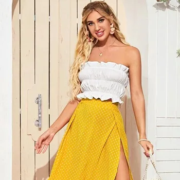 

2020 Summer Ruffled Pleated Short Navel White Top Slim Slimming Wrap-around off-Shoulder Women's Fashion