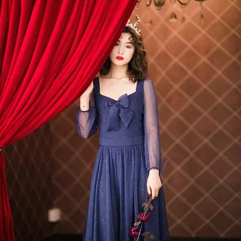 

OriginalDesign AIGYPTOS Spring Summer Women Vintage Elegant Slim Dresses Retro Square Collar Blingbling Sequined Blue Long Dress