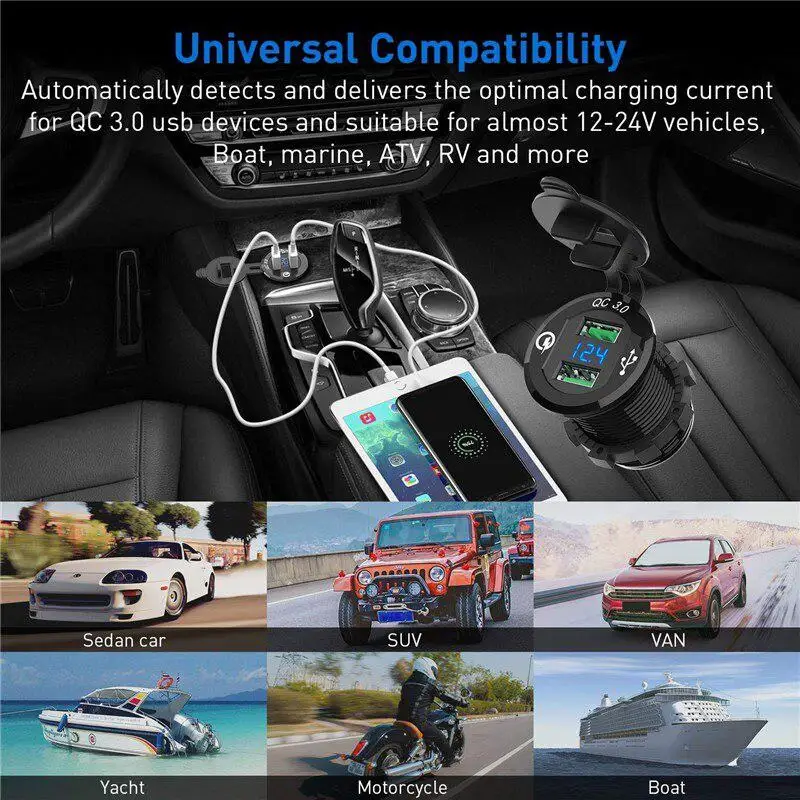 Автомобильное зарядное устройство для мотоцикла с двумя usb-портами, зарядное устройство для мобильного телефона, планшета, QC3.0, металлическая розетка для быстрой зарядки, Переходник USB для зарядки в машине