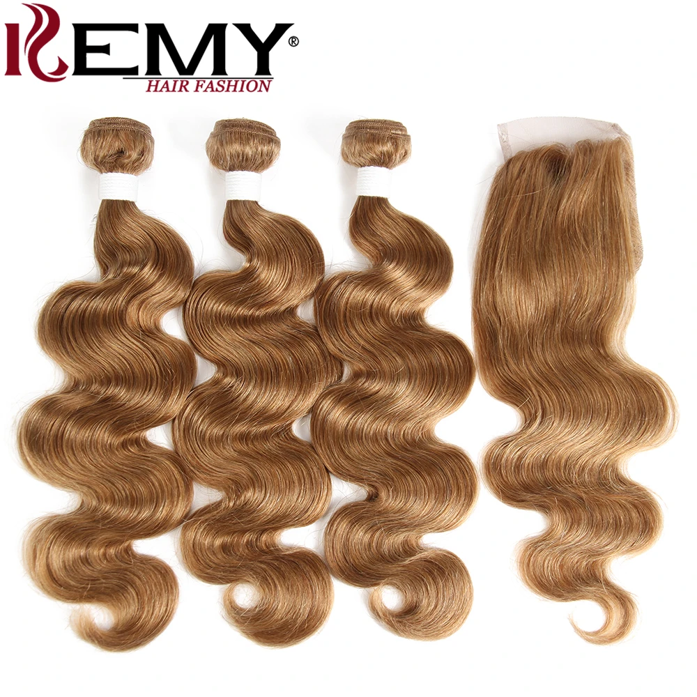 

Light Brown Body Wave Human Hair Bundles With Closure 4x4 KEMY Pre-Colored Brazilian Hair Weave Bundles With Closure Non-Remy