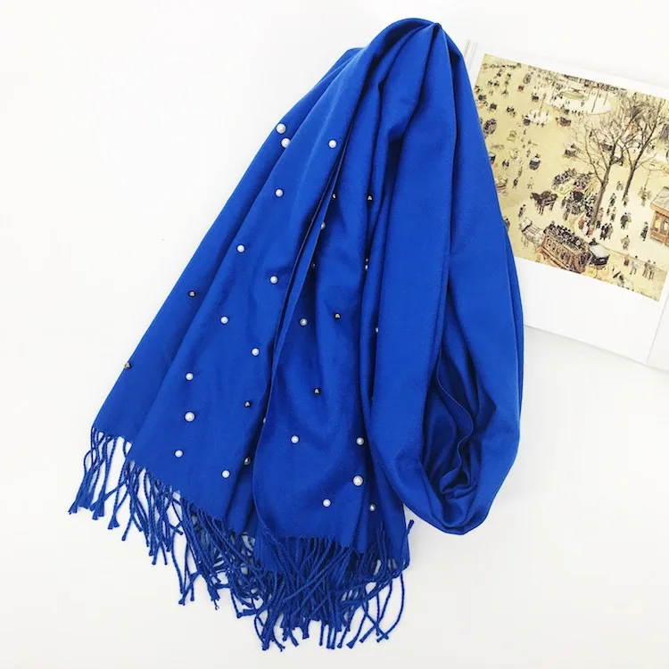 Luxury Brand Scarf Thick Winter Women Scarf Warm Cashmere Star pearl solid Tassel Shawl Wrap Blanket Hijab Lady Scarf Pashmina - Цвет: Синий