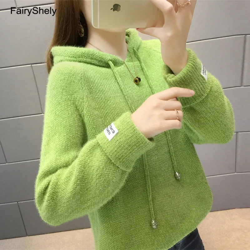 FairyShely, повседневный кашемировый свитер с капюшоном, женский зимний теплый джемпер, Свободный вязаный свитер, пуловер, Топ для женщин