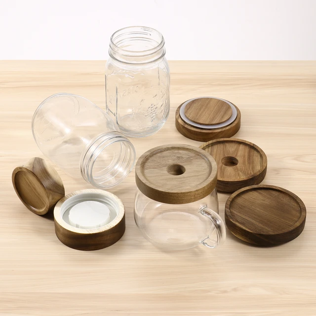 Mason Jar Lids_Bamboo Cups Lids Cover with Silicone Seal Ring for Canning  Jar 1x