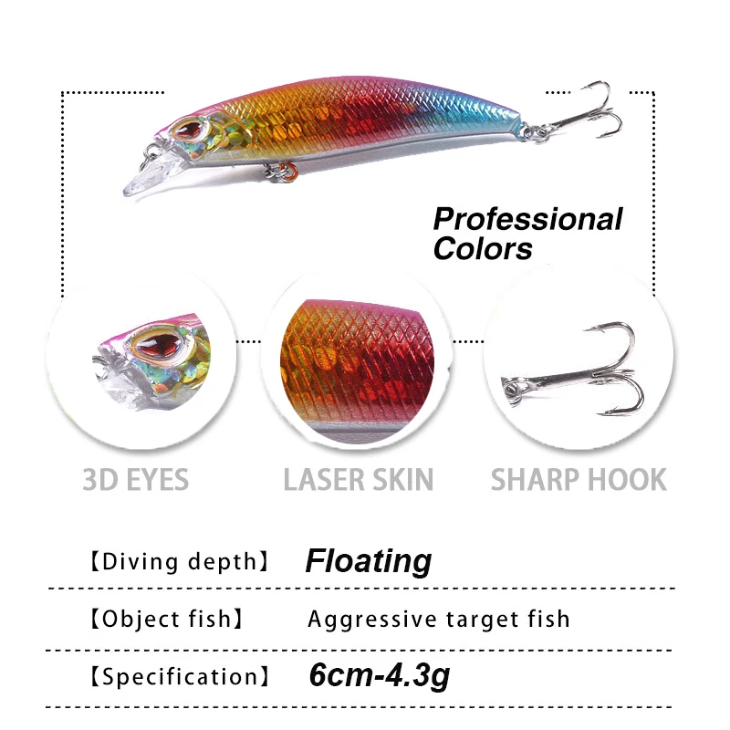 WESTBASS 1PX Floating Minnow Bait 60mm-4.3g Micro Fishing Lure Shore  Casting Hard Wobbler Noisy Swimbait Topwater Pesca Isca