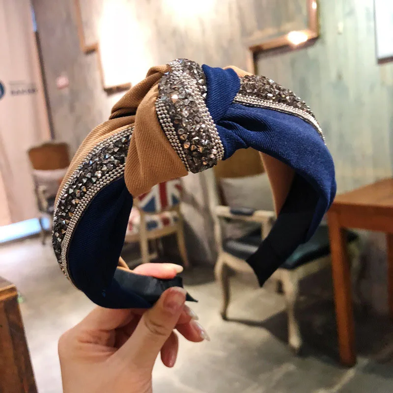 Новинка, обруч для волос, бант, Женская Блестящая повязка на голову, винтажный галстук с пайетками, лоскутный, с кристаллами, твист, модная широкая головная повязка с перекрестным узлом - Цвет: Blue Khaki