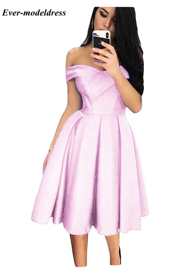 Royal Blue Knee Length Prom Dresses Off The Shoulder Lace-Up Back Formal Homecoming Graduation Party Gowns Cheap Customized - Цвет: Розовый
