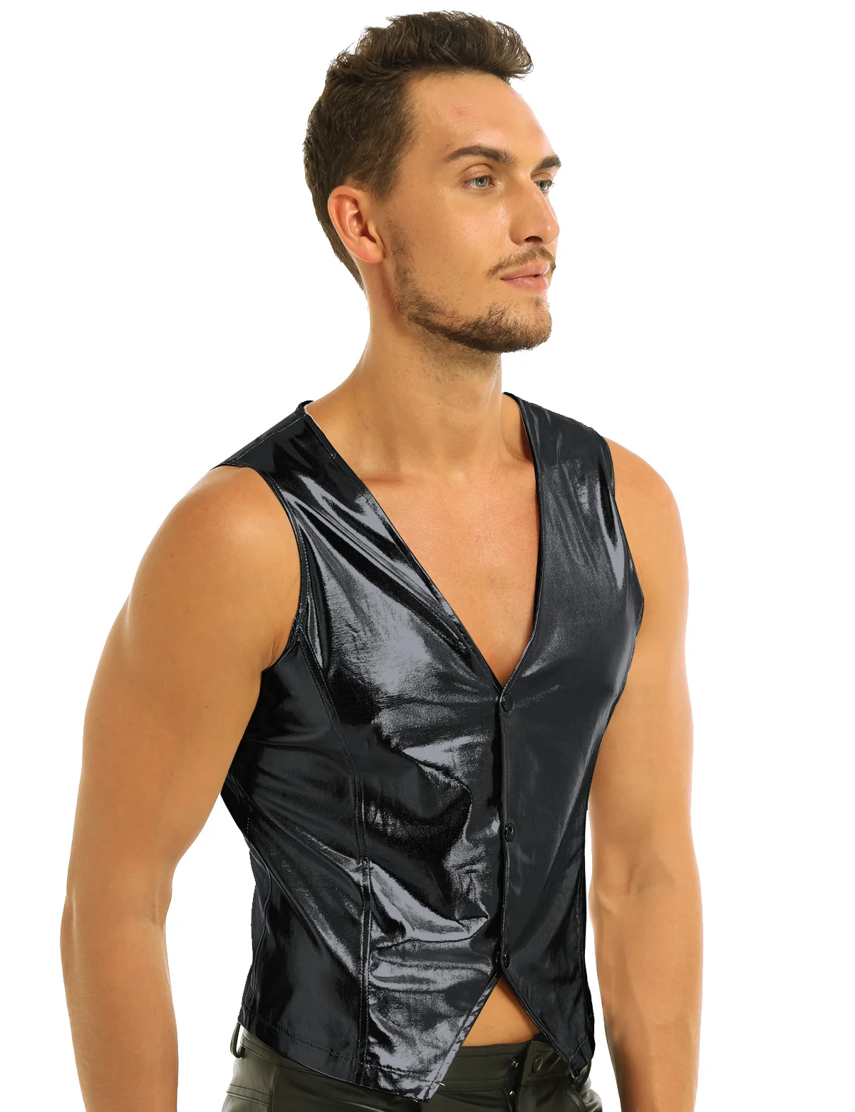 Новое поступление мужской Wetlook из лакированной кожи с v-образным вырезом мягкий костюм жилет Топ Клубная одежда мужская без рукавов Wetlook эластичная Клубная майка Топ