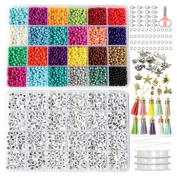

6000Pcs 4mm Glass Seed Small Pony Beads 1200Pcs Letter Alphabet Bead Craft and Art Kit Set for DIY for Girls Kids