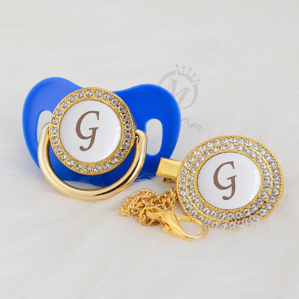 

BLING beautiful bling pacifier and pacifier clip set name Initials letterG unique BPA free dummy bling unique design LG-W