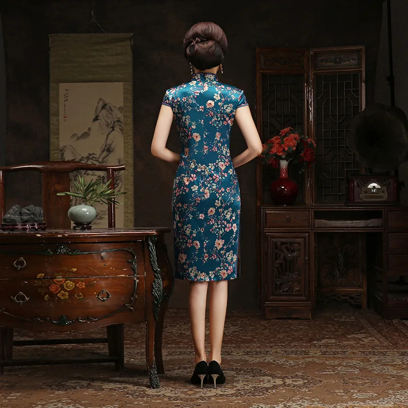Сексуальное платье Cheongsam в винтажном стиле с цветочным принтом в китайском стиле вечернее платье атласное элегантное женское тонкое Qipao размер M-4XL
