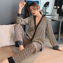 Spring Summer Long Sleeve Pajamas Overall Print Women Silk Pajama Set Soft Satin Sleepwear Sexy V-Neck Pijama Home Suit
