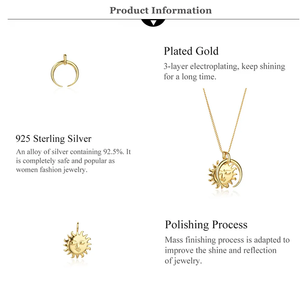 925 Sterling Silver Big Moon & Sun Flower Pendant Necklace – 18K Gold Plated
