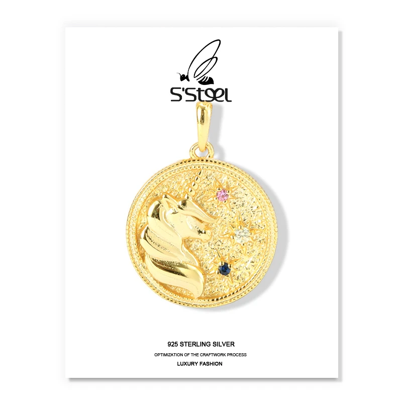 

S'STEEL Round Pendants 925 Sterling Silver For Women Animal Color Zircon Chain Round Coin Pendant Collares Mujer Fine Jewellery