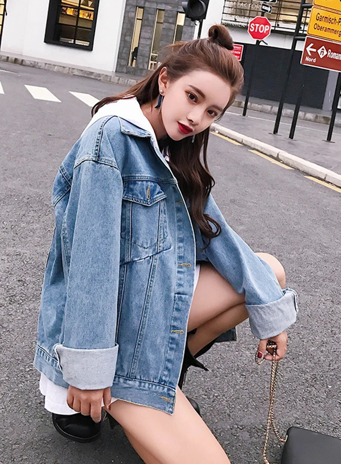 Liva girl Solid Turn-down Collar Denim Jacket for Women Loose Casual Blue Fashionable Women Coats Female outwear Denim Jakcet