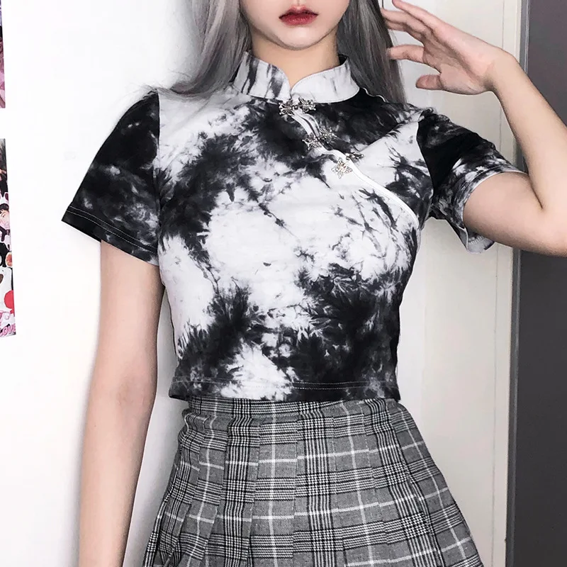 Летняя стильная модная футболка 2020 Милая с коротким рукавом косой воротник
