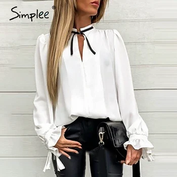 

Simplee Sexy solid casual women blouse shirt Long sleeve white neck tie elegant tops Office lady work wear party blouses top