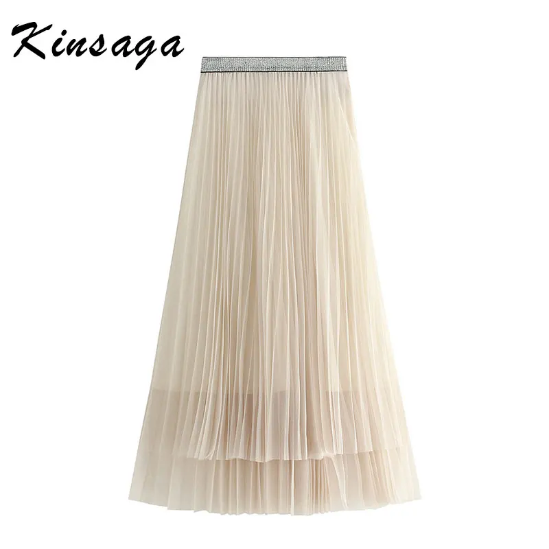 Kinsage весна осень двойной слой зеленая сетчатая юбка в складку Женская пачка торт юбка высокая талия длинная юбка миди Женская