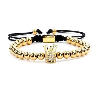 High Quality Men Women Jewelry Bracelet CZ Micro Pave Crown Ball Charm Stainless Steel Beads Macrame Bracelet Men Women