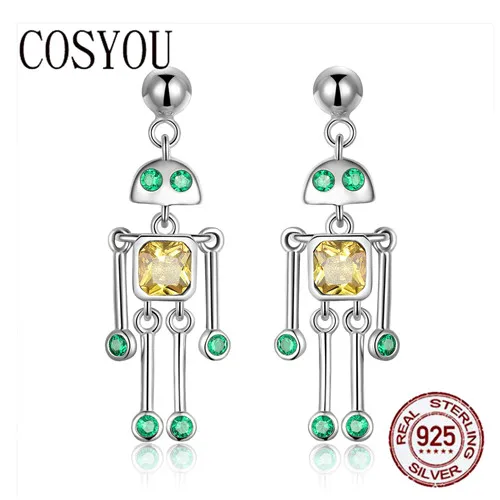 

COSYOU High Quality 925 Sterling Silver Little Robot Drop Earrings for Women Green Yellow CZ Sterling Silver Jewelry Gift SCE491