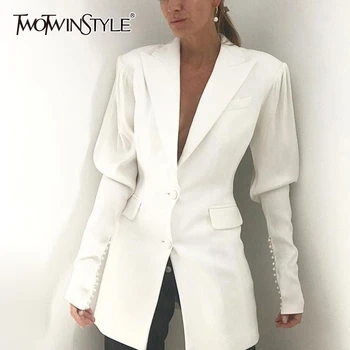 

TWOTWINSTYLE White Elegant Patchwork Beading Women's Blazer Lapel Collar Puff Sleeve Pocket Suits Female 2020 Autumn Fashion New
