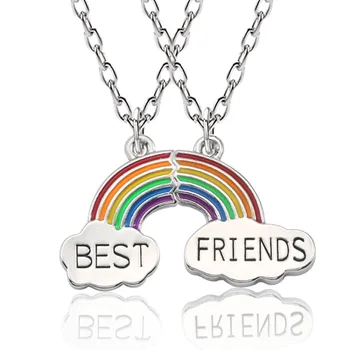 

2 Pcs/set Fashion Best Friend Stitching Pendant Necklace for Female Broken Heart Rainbow Friendship Necklace Puzzle Choker BFF