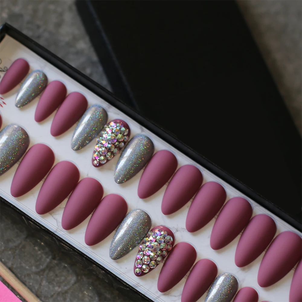 Черная коробка голографические градиентные накладные ногти полностью Кристальные бриллианты фиолетовые блестящие свадебные накладные ногти Бабочка 28 шт полный набор