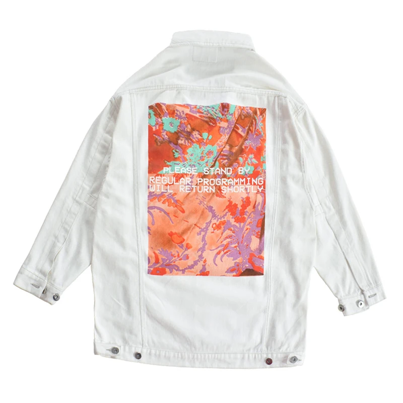 

PERHAPS U White Denim Print Jacket Button Long Sleeves Turn Down Collar Loose Pocket Jackets C0165