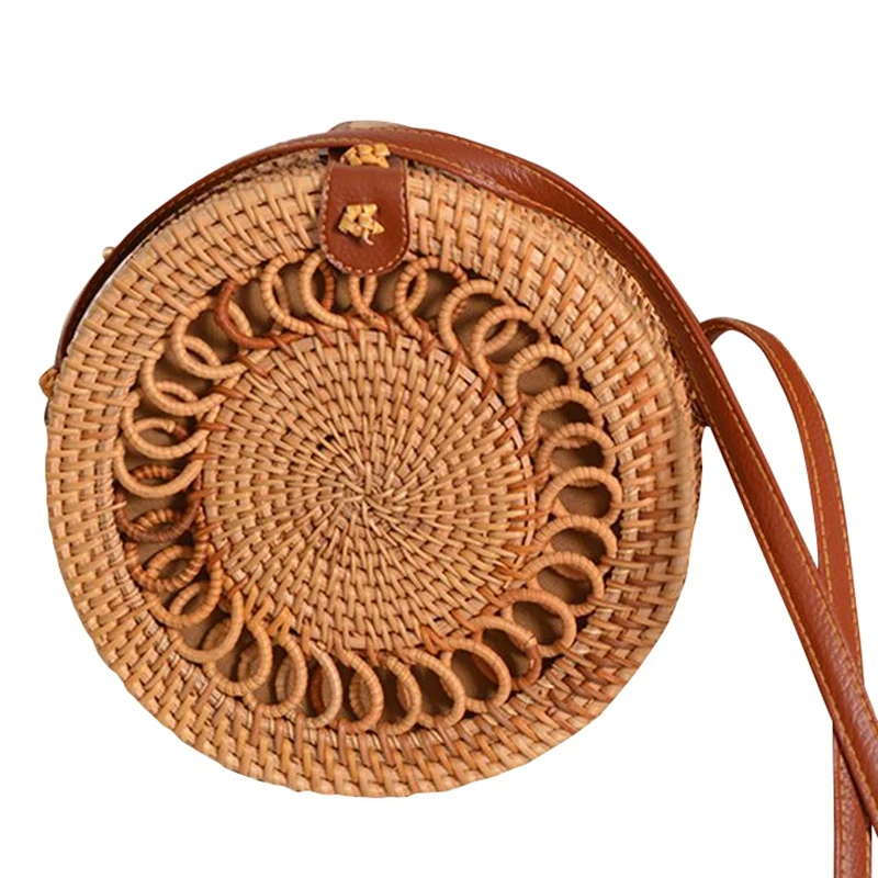 

FGGS-Hand Woven Bag Round Bag Buckle Rattan Straw Bags Satchel Wind Bohemia Beach Circle Messenger Bag Rattan Strap for Travel