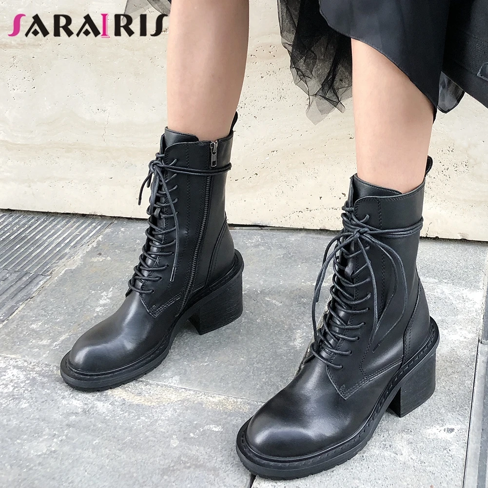 

SARAIRIS New Elegant Ankle Boots Fashion Genuine Leather Ladies Chunky Heels Shoes Woman Cross Tied Office Boots Women 2019