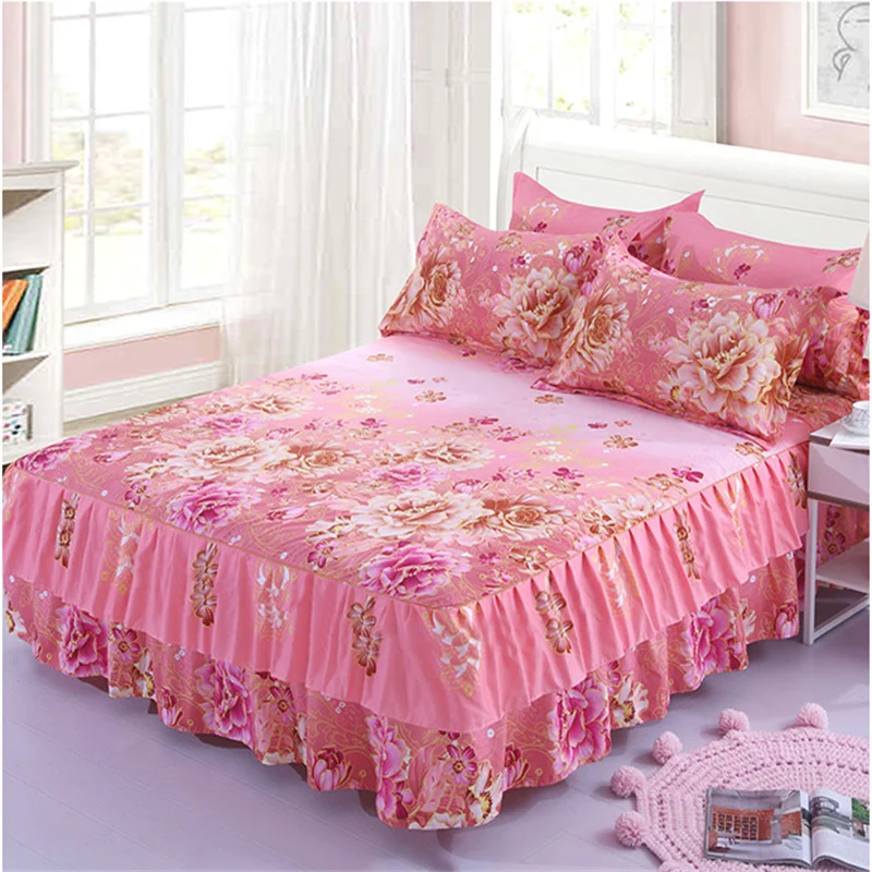 Floral Bedspread Bed Skirt Non-slip Fitted Sheet Cover Graceful 3pcs Double Lace Home Textile Cover + Pillowcase colcha de cama Floral Bedspread Bed Skirt Non-slip Fitted Sheet Cover Graceful 3pcs Double Lace Home Textile Cover + Pillowcase colcha de cama