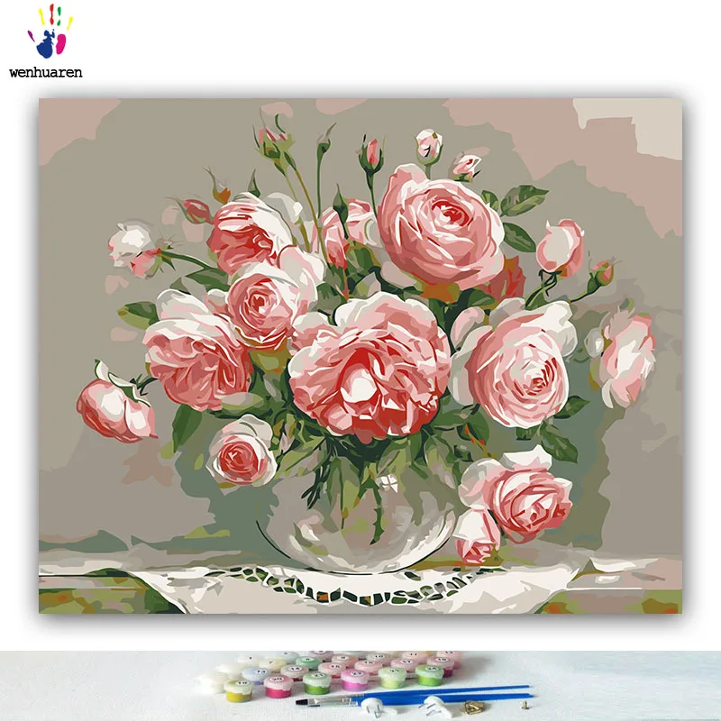 DIY картинки для раскраски по номерам с цветами Розовая роза композиция картина Рисование по номерам в рамке дома - Цвет: 4076