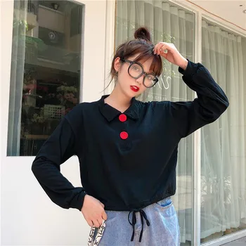 

New Sweet Sweater Women Turn-down Collar Autumn Solid Color Loose Long Sleeve Casual Simple Wild Short Sweater