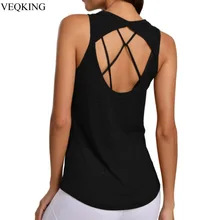VEQKING/женский жилет без рукавов с открытой спиной для йоги, однотонные спортивные рубашки, быстросохнущая майка для занятий йогой, топ для тренировок, спортивный топ на бретелях
