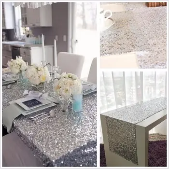 

Shiny Tablecloth Sparkly Silver Sequin Fabric Glitter Table Cover Wedding Party Decor Embroidered Mesh DIY Dress Sewing Fabric