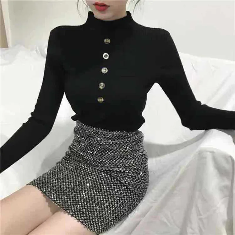 Womens Sweaters 2019 Women Clothes Sweater Women's Cardigan Turtleneck Autumn and Winter Sleeves Buttons Slim Sweater Shirt